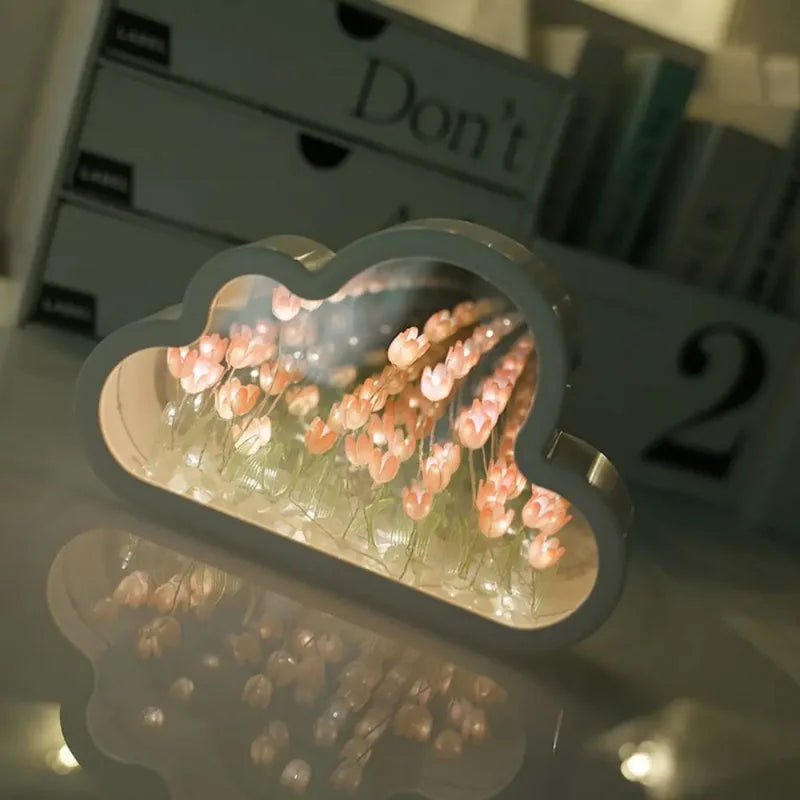 Enchanting Handmade Tulip LED Night Lamp – Dreamy Cloud & Mirror Light for Cozy Bedroom Décor 