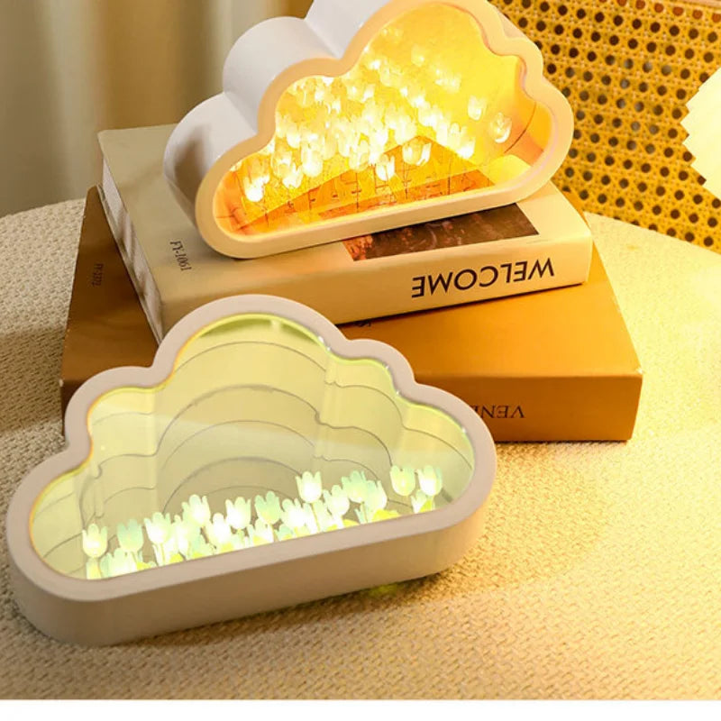 Enchanting Handmade Tulip LED Night Lamp – Dreamy Cloud & Mirror Light for Cozy Bedroom Décor 